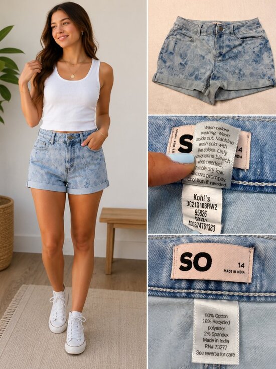 SO Other - SO Juniors Size 14 Acid Wash Denim Shorts High Rise Rolled Cuff Stretch Blue